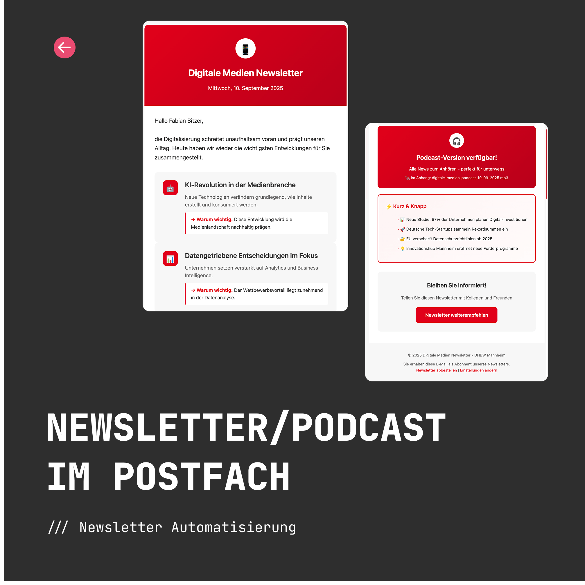 Finales Newsletter-Design des Digitale Medien Newsletters mit personalisierter Anrede, strukturierten Artikel-Kategorien (KI-Revolution, Datengetriebene Entscheidungen), Podcast-Version-Box und Kurz & Knapp Section